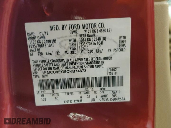 2012 Ford Escape Limited with VIN 1FMCU9EG5CKB74873, listed as a Copart auction lot 59742585 with 126,889 mi miles and Clean title. Bid and sale history available at DreamBid. Image 13.