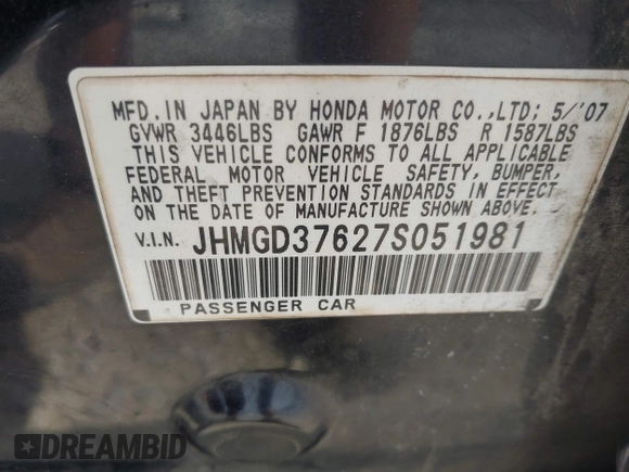 2007 Honda Fit Sport with VIN JHMGD37627S051981, listed as a IAAI auction lot 42081339 with 243,703 mi miles and . Bid and sale history available at DreamBid. Image 9.