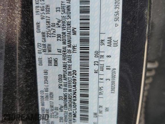2022 Ford Escape S with VIN 1FMCU0F6XNUA09720, listed as a Copart auction lot 52830135 with Not provided miles and Salvage title. Bid and sale history available at DreamBid. Image 14.