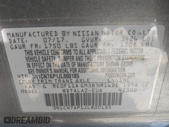 2018 Nissan Versa Sedan SV with VIN 3N1CN7AP1JL800185, listed as a IAAI auction lot 41997116 with 80,257 mi miles. Bid and sale history available at carsss.com. Image 9.