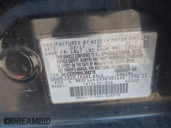2017 Nissan Note S Plus with VIN 3N1CE2CP8HL368270, listed as a IAAI auction lot 41309690 with 150,335 mi miles and . Bid and sale history available at DreamBid. Image 9.