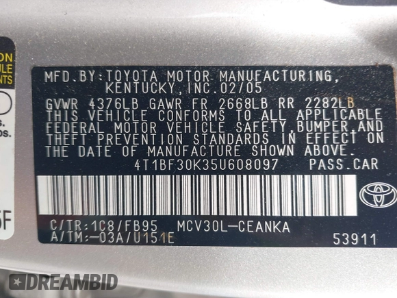 2005 Toyota Camry LE with VIN 4T1BF30K35U608097, listed as a IAAI auction lot 41908838 with 75,601 mi miles and . Bid and sale history available at DreamBid. Image 9.