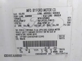 2005 Ford F-150 XL with VIN 1FTRF12WX5NB13395, listed as a IAAI auction lot 42268629 with 466,278 mi miles and . Bid and sale history available at DreamBid. Image 9.