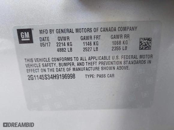 2017 Chevrolet Impala Premier with VIN 2G1145S34H9196998, listed as a IAAI auction lot 41860290 with 1 mi miles. Bid and sale history available at carsss.com. Image 9.