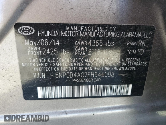 2014 Hyundai Sonata GLS with VIN 5NPEB4AC7EH945098, listed as a Copart auction lot 46287275 with Not Provided miles and Salvage Title. Bid and sale history available at carsss.com. Image 12.