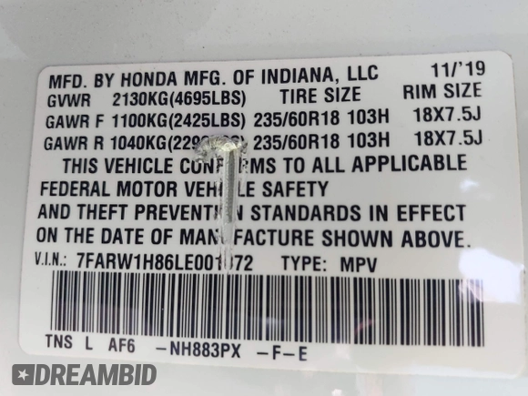 2020 Honda CR-V EX-L with VIN 7FARW1H86LE001072, listed as a IAAI auction lot 42402572 with 81,700 mi miles and . Bid and sale history available at DreamBid. Image 9.