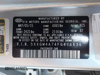 2015 Kia Optima LX z VIN 5XXGM4A74FG476636, wystawiony jako IAAI lot #41242478 z przebiegiem Nie podano mil oraz . Historia ofert i sprzedaży dostępna na DreamBid. Obrazek 9.