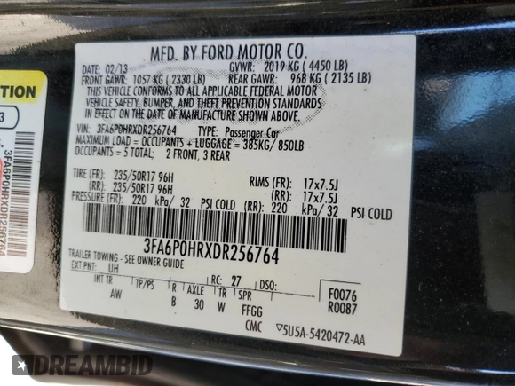 2013 Ford Fusion SE with VIN 3FA6P0HRXDR256764, listed as a Copart auction lot 53520205 with 128,288 mi miles and Clean Title. Bid and sale history available at carsss.com. Image 13.
