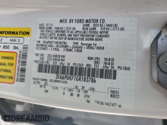 2016 Ford Fusion SE with VIN 3FA6P0H71GR183786, listed as a Copart auction lot 58430385 with 103,948 mi miles and Salvage title. Bid and sale history available at DreamBid. Image 12.