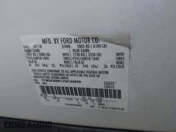 2018 Ford Explorer с VIN 1FM5K8B81JGC44990, выставлен на аукционе IAAI как лот 42054172 с пробегом 159 532 миль миль и . История ставок и продаж доступна на DreamBid. Изображение 9.