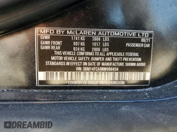 2022 McLaren 720S z VIN SBM14FCA0NW006456, wystawiony jako Copart lot #48148685 z przebiegiem 6859 mil mil oraz Szkody całkowita. Historia ofert i sprzedaży dostępna na DreamBid. Obrazek 13.
