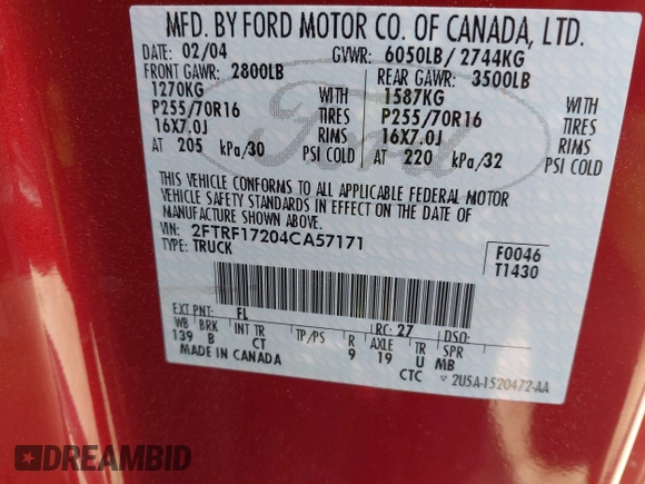 2004 Ford F-150 XL with VIN 2FTRF17204CA57171, listed as a IAAI auction lot 42075839 with Not provided miles and . Bid and sale history available at DreamBid. Image 9.