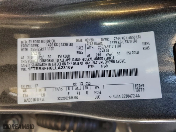 2020 Ford Ranger XL with VIN 1FTER4FH6LLA23169, listed as a Copart auction lot 47068265 with 81,289 mi miles and Salvage Title. Bid and sale history available at carsss.com. Image 12.