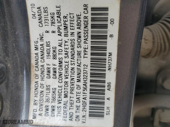 2010 Honda Civic Sdn LX with VIN 2HGFA1F56AH323712, listed as a Copart auction lot 49285595 with 335,010 mi miles and Salvage Title. Bid and sale history available at carsss.com. Image 15.