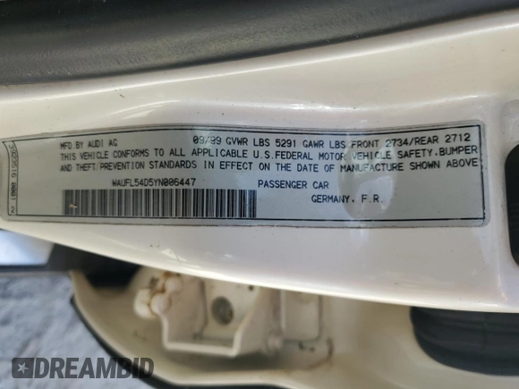 2000 Audi A8 with VIN WAUFL54D5YN006447, listed as a Copart auction lot 77151504 with Not provided miles and Salvage title. Bid and sale history available at DreamBid. Image 13.