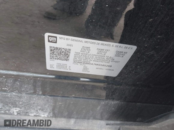 2021 Chevrolet Blazer LT with VIN 3GNKBBRA7MS585269, listed as a IAAI auction lot 41999440 with 59,506 mi miles and . Bid and sale history available at DreamBid. Image 9.