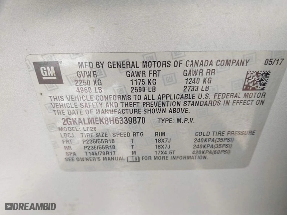 2017 GMC Terrain SLE with VIN 2GKALMEK8H6339870, listed as a IAAI auction lot 41193713 with 116,298 mi miles. Bid and sale history available at carsss.com. Image 9.