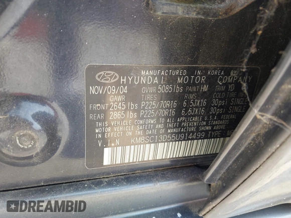 2005 Hyundai Santa Fe GLS with VIN KM8SC13D55U914499, listed as a IAAI auction lot 42587492 with 198,141 mi miles and . Bid and sale history available at DreamBid. Image 9.