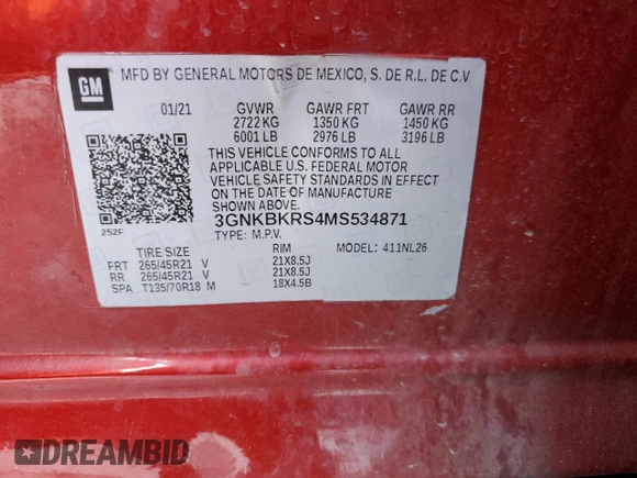2021 Chevrolet Blazer RS with VIN 3GNKBKRS4MS534871, listed as a Copart auction lot 51382725 with 45,397 mi miles and Salvage title. Bid and sale history available at DreamBid. Image 14.