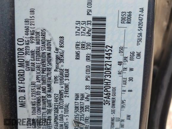 2013 Ford Fusion SE with VIN 3FA6P0H73DR214452, listed as a Copart auction lot 58721425 with 221,892 mi miles and Salvage title. Bid and sale history available at DreamBid. Image 12.