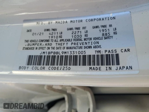 2021 Mazda 3 Select with VIN JM1BPBBL9M1331005, listed as a Copart auction lot 45191365 with 32,066 mi miles and Salvage Title. Bid and sale history available at carsss.com. Image 12.