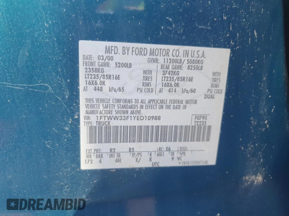2000 Ford F-350 XL z VIN 1FTWW33F1YED10988, wystawiony jako Copart lot #60320125 z przebiegiem 185 381 mil mil oraz Czysty tytuł • Clean title. Historia ofert i sprzedaży dostępna na DreamBid. Obrazek 12.