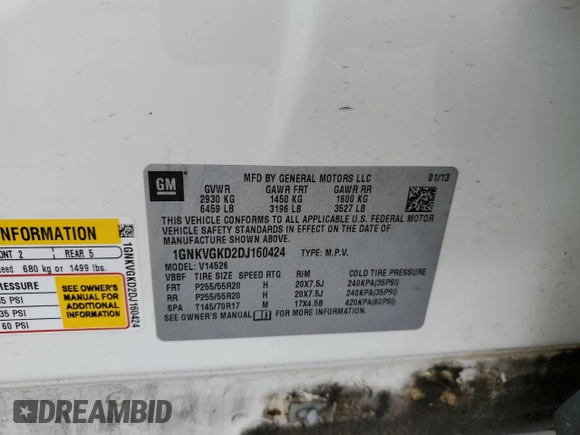 2013 Chevrolet Traverse LT with VIN 1GNKVGKD2DJ160424, listed as a Copart auction lot 49893365 with 114,670 mi miles and Salvage Title. Bid and sale history available at DreamBid. Image 13.