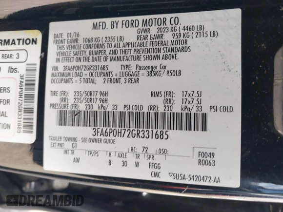 2016 Ford Fusion SE with VIN 3FA6P0H72GR331685, listed as a IAAI auction lot 42021509 with 149,977 mi miles. Bid and sale history available at carsss.com. Image 9.