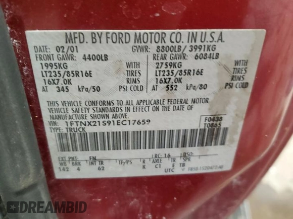 2001 Ford Super Duty F-250 XL with VIN 1FTNX21S91EC17659, listed as a Copart auction lot 44620895 with 167,989 mi miles and Salvage Title. Bid and sale history available at carsss.com. Image 13.