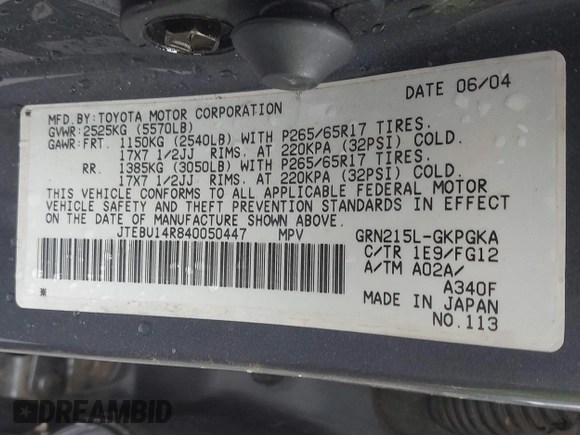 2004 Toyota 4Runner SR5 with VIN JTEBU14R840050447, listed as a IAAI auction lot 42201440 with Not Provided miles and . Bid and sale history available at DreamBid. Image 9.