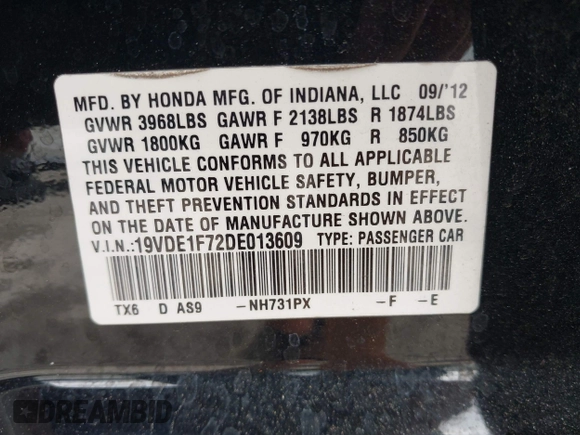 2013 Acura ILX Tech Pkg with VIN 19VDE1F72DE013609, listed as a IAAI auction lot 41984514 with 124,157 mi miles. Bid and sale history available at carsss.com. Image 9.