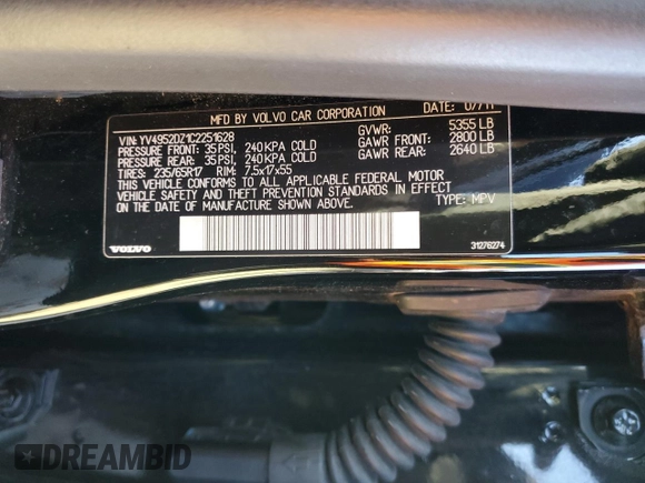 2012 Volvo XC60 3.2L with VIN YV4952DZ1C2251628, listed as a Copart auction lot 87064394 with 175,407 mi miles and Salvage title. Bid and sale history available at DreamBid. Image 13.