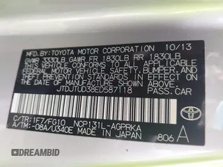 2014 Toyota Yaris L with VIN JTDJTUD38ED587118, listed as a IAAI auction lot 42211424 with 94,616 mi miles and . Bid and sale history available at DreamBid. Image 9.