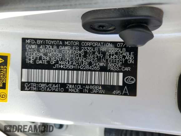 2017 Lexus CT 200h with VIN JTHKD5BH1H2284265, listed as a Copart auction lot 49106175 with Not provided miles and Salvage title. Bid and sale history available at DreamBid. Image 13.