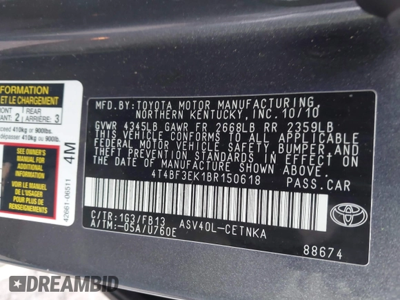 2011 Toyota Camry LE with VIN 4T4BF3EK1BR150618, listed as a IAAI auction lot 41364460 with 161,373 mi miles. Bid and sale history available at carsss.com. Image 9.