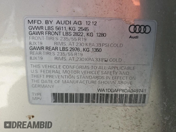 2013 Audi Q5 Premium Plus with VIN WA1DGAFP8DA049741, listed as a Copart auction lot 49789495 with 130,593 mi miles and Clean title. Bid and sale history available at DreamBid. Image 12.