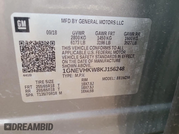 2019 Chevrolet Traverse LT Leather with VIN 1GNEVHKW8KJ156248, listed as a Copart auction lot 63516553 with 56,508 mi miles. Bid and sale history available at carsss.com. Image 15.