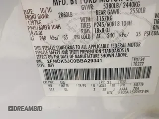 2011 Ford Edge SEL with VIN 2FMDK3JC0BBA29341, listed as a IAAI auction lot 42071817 with 155,413 mi miles and . Bid and sale history available at DreamBid. Image 9.