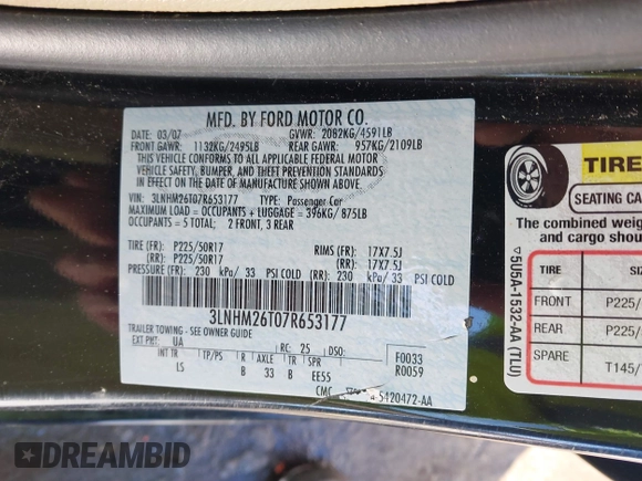 2007 Lincoln MKZ z VIN 3LNHM26T07R653177, wystawiony jako IAAI lot #41571111 z przebiegiem 124 929 mil mil oraz . Historia ofert i sprzedaży dostępna na DreamBid. Obrazek 9.