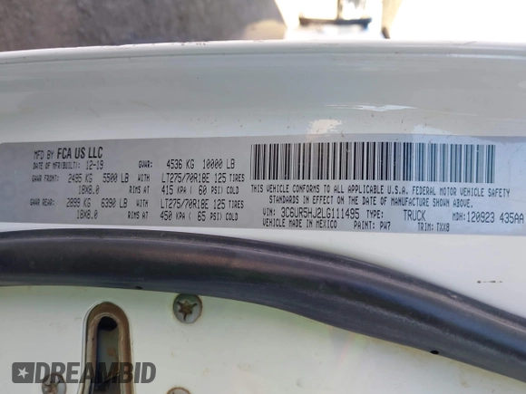 2020 Ram 2500 Tradesman z VIN 3C6UR5HJ2LG111495, wystawiony jako IAAI lot #42068717 z przebiegiem 172 052 mil mil oraz . Historia ofert i sprzedaży dostępna na DreamBid. Obrazek 9.