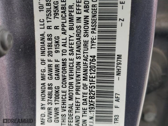 2015 Honda Civic Sedan LX with VIN 19XFB2F51FE120764, listed as a Copart auction lot 52096145 with 203,167 mi miles and Salvage Title. Bid and sale history available at carsss.com. Image 13.