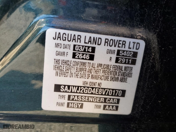2014 Jaguar XJ with VIN SAJWJ2GD4E8V70170, listed as a Copart auction lot 69662054 with 121,188 mi miles and Non Repairable. Bid and sale history available at carsss.com. Image 12.