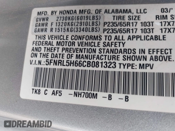 2012 Honda Odyssey EX-L with VIN 5FNRL5H66CB081323, listed as a IAAI auction lot 42465110 with 266,934 mi miles and . Bid and sale history available at DreamBid. Image 9.