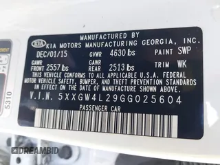 2016 Kia Optima SX Turbo with VIN 5XXGW4L29GG025604, listed as a IAAI auction lot 41687483 with 112,853 mi miles and . Bid and sale history available at carsss.com. Image 9.