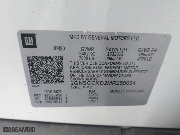 2021 Chevrolet Suburban LT with VIN 1GNSCCKD2MR150654, listed as a IAAI auction lot 41529412 with 36,479 mi miles. Bid and sale history available at carsss.com. Image 9.