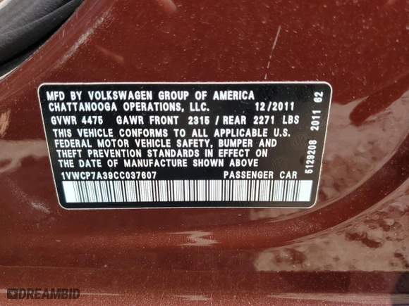 2012 Volkswagen Passat SEL with VIN 1VWCP7A39CC037607, listed as a Copart auction lot 53286565 with 155,339 mi miles and Clean Title. Bid and sale history available at carsss.com. Image 13.