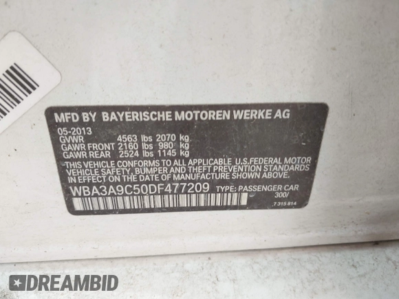 2013 BMW 3 Series 335i with VIN WBA3A9C50DF477209, listed as a IAAI auction lot 41595369 with 99,241 mi miles. Bid and sale history available at carsss.com. Image 9.
