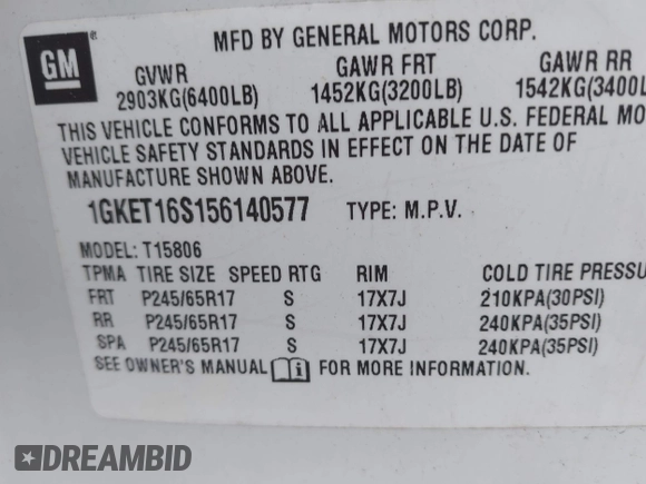 2005 GMC Envoy XL SLE with VIN 1GKET16S156140577, listed as a IAAI auction lot 42116766 with 145,060 mi miles. Bid and sale history available at carsss.com. Image 9.