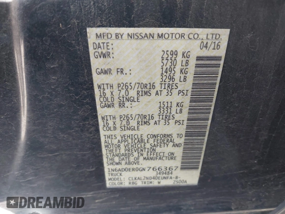 2016 Nissan Frontier SV z VIN 1N6AD0ER0GN766367, wystawiony jako IAAI lot #41840920 z przebiegiem 104 869 mil mil oraz . Historia ofert i sprzedaży dostępna na DreamBid. Obrazek 9.