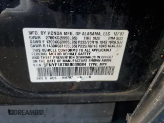 2008 Honda Pilot EX-L z VIN 5FNYF18788B039084, wystawiony jako Copart lot #83198494 z przebiegiem 201 213 mil mil oraz Czysty tytuł • Clean title. Historia ofert i sprzedaży dostępna na DreamBid. Obrazek 13.